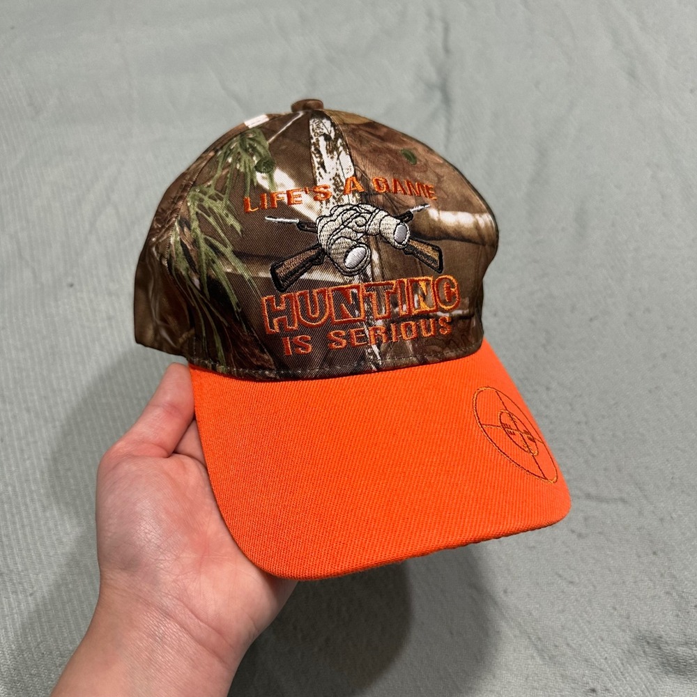 R Headwear Hunting Is Serious Camo Blaze Orange Baseball Cap Hat HT2106 NWT